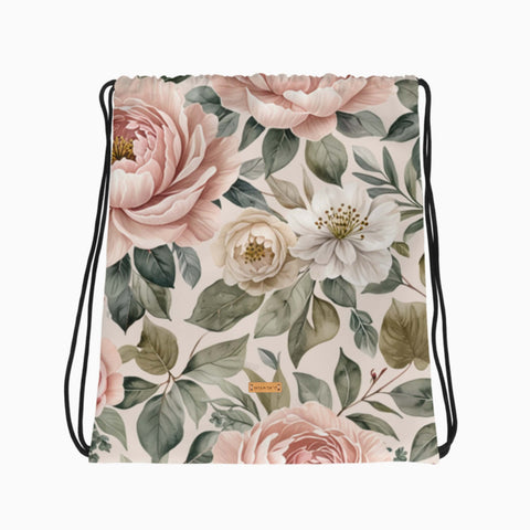 Turnbeutel mit zartem Pastellrosen-Muster, flach ausgelegt.