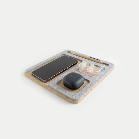 Organisateur pour téléphones portables, blocs-notes, stylos, clés, etc. | en feutre et liège | gris clair