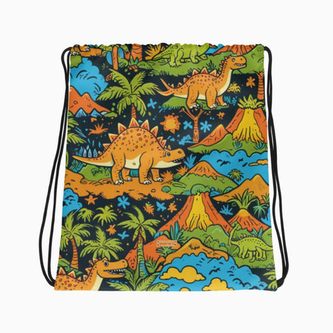 Turnbeutel mit Dinosaurier- und Tropenmotiv, flach auf hellem Hintergrund ausgelegt.