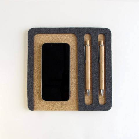Organisateur pour téléphone, bloc-notes et stylos | en feutre et liège | anthracite